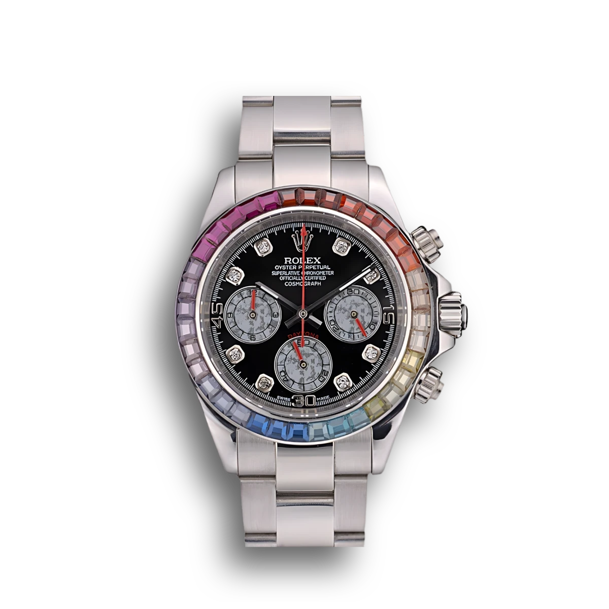 Rolex Daytona 80250 Rainbow Crystals Bezel Stainless Steep Strap Black Dial 39mm Rolex Daytona 80250 Rainbow Crystals Bezel Stainless Steep Strap Black Dial 39mm