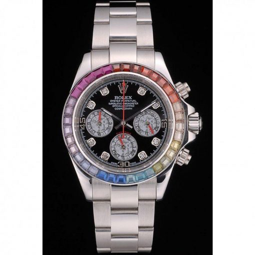 Rolex Daytona 80250 Rainbow Crystals Bezel Stainless Steep Strap Black Dial 39mm