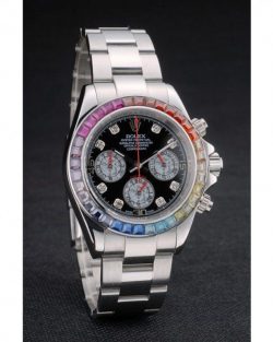 Rolex Daytona 80250 Rainbow Crystals Bezel Stainless Steep Strap Black Dial 39mm03