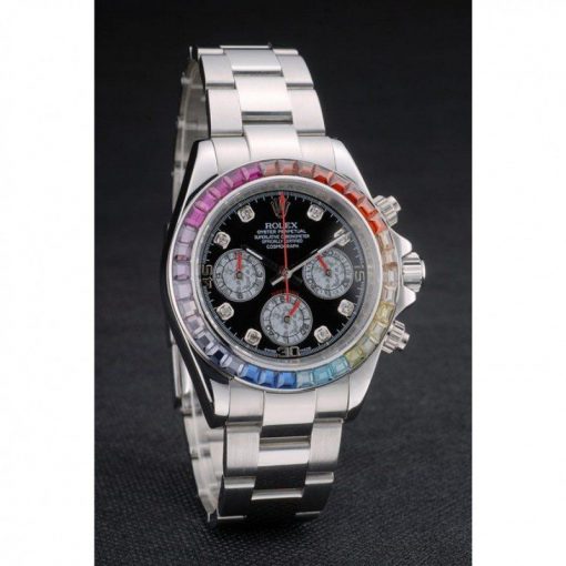 Rolex Daytona 80250 Rainbow Crystals Bezel Stainless Steep Strap Black Dial 39mm