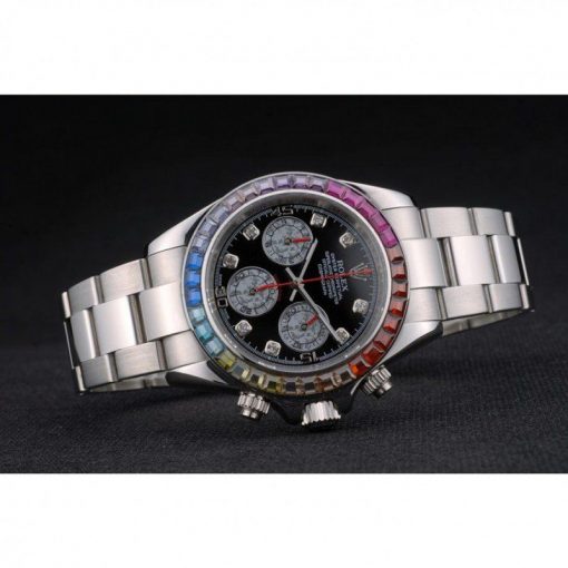 Rolex Daytona 80250 Rainbow Crystals Bezel Stainless Steep Strap Black Dial 39mm