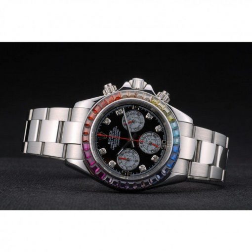Rolex Daytona 80250 Rainbow Crystals Bezel Stainless Steep Strap Black Dial 39mm