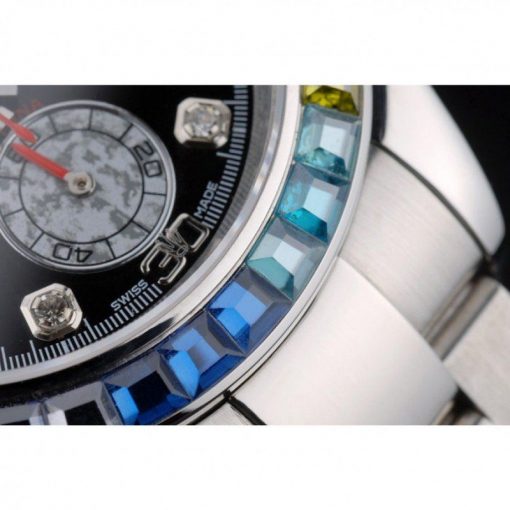 Rolex Daytona 80250 Rainbow Crystals Bezel Stainless Steep Strap Black Dial 39mm