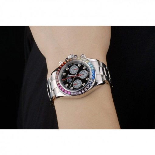 Rolex Daytona 80250 Rainbow Crystals Bezel Stainless Steep Strap Black Dial 39mm