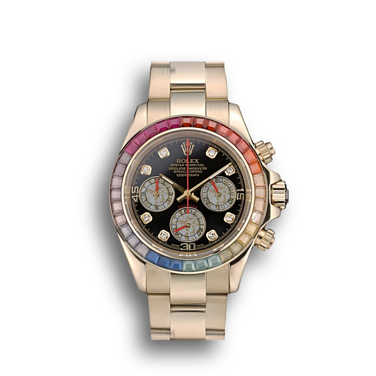 Rolex Daytona 80251 Cosmograph Rainbow Crystals Bezel Rose Gold Strap Black Dial 39mm Rolex Daytona 80251 Cosmograph Rainbow Crystals Bezel Rose Gold Strap Black Dial 39mm