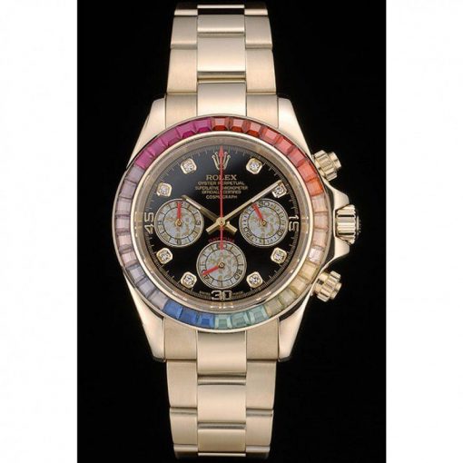 Rolex Daytona 80251 Cosmograph Rainbow Crystals Bezel Rose Gold Strap Black Dial 39mm
