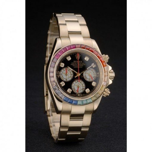 Rolex Daytona 80251 Cosmograph Rainbow Crystals Bezel Rose Gold Strap Black Dial 39mm
