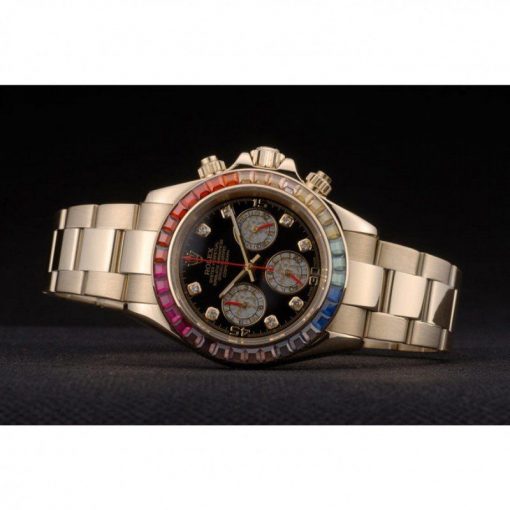 Rolex Daytona 80251 Cosmograph Rainbow Crystals Bezel Rose Gold Strap Black Dial 39mm