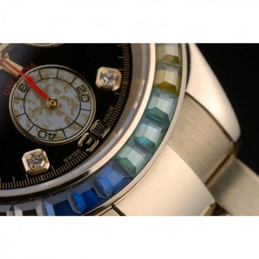 Rolex Daytona 80251 Cosmograph Rainbow Crystals Bezel Rose Gold Strap Black Dial 39mm