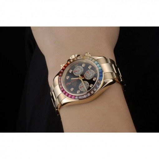 Rolex Daytona 80251 Cosmograph Rainbow Crystals Bezel Rose Gold Strap Black Dial 39mm